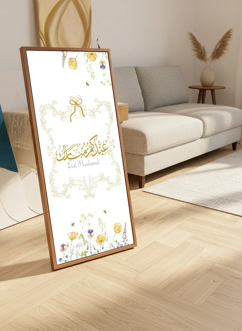 LOWHA Canvas Wall Art on Wooden Frame with Wood Tone Floating Frame and Back Stand Featuring Eid Mubarak Design